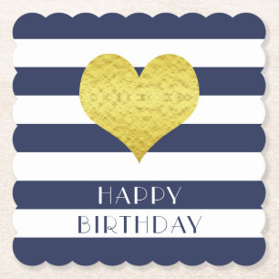 Dessous-de-verre En Papier Joyeux Anniversaire Or Coeur Bleu Bleu Blancs