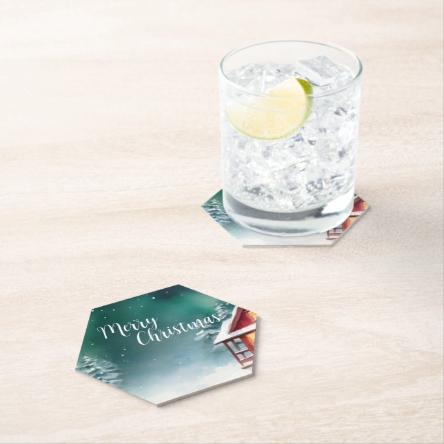 Dessous-de-verre En Papier Joyeux Aquarelle sauvage Xmas Pine tree Fête (En situation)