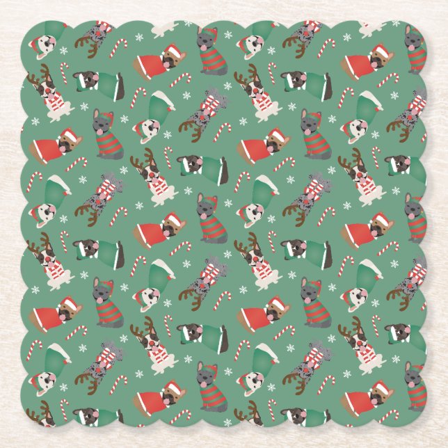Dessous-de-verre En Papier Joyeux Buldogs français de Noël (Devant)