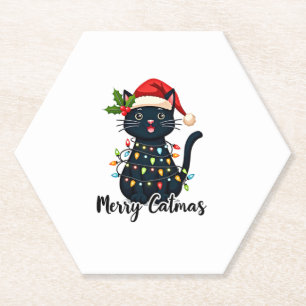 Dessous-de-verre En Papier Joyeux Catmas Chat Noir Lumière de Noël Xmas Famil