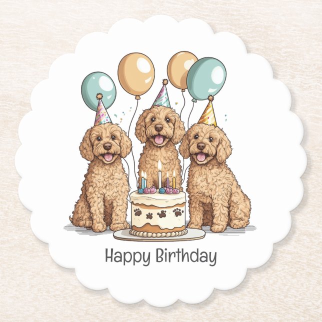 Dessous-de-verre En Papier Joyeux Chiens Goldendoodle Anniversaire (Devant)