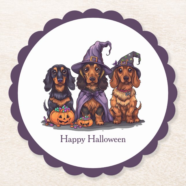 Dessous-de-verre En Papier Joyeux Chiens sorciers Halloween Dachshund (Devant)