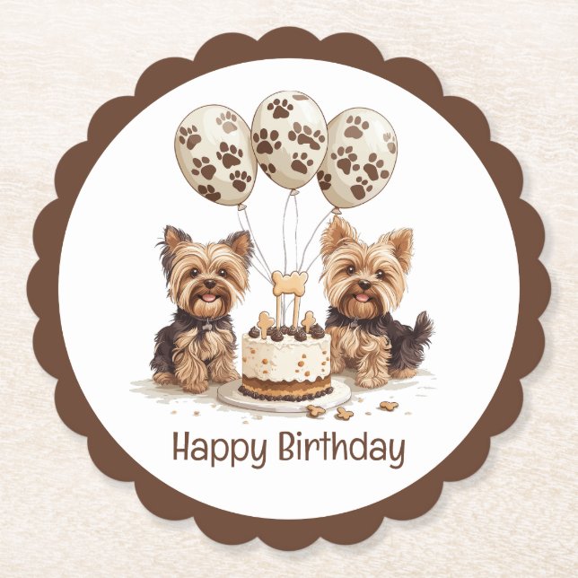 Dessous-de-verre En Papier Joyeux Chiens Yorkie d'anniversaire (Devant)
