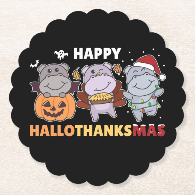 Dessous-de-verre En Papier Joyeux Hallothanksmas Hippopotames Noël Hippo Papi (Devant)