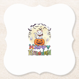 Dessous-de-verre En Papier Joyeux Halloween Chat Blanc Citrouille Lune Chauve
