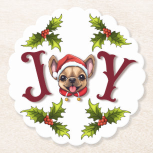 Dessous-de-verre En Papier Joyeux Noël Joy Cute French Bulldog holly