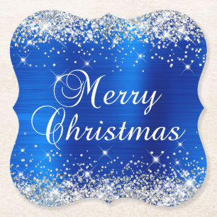 Dessous-de-verre En Papier Joyeux Noël paillettes argentées sur fond bleu