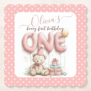 Dessous-de-verre En Papier Joyeux Premier Anniversaire avec Ours en Peluche 