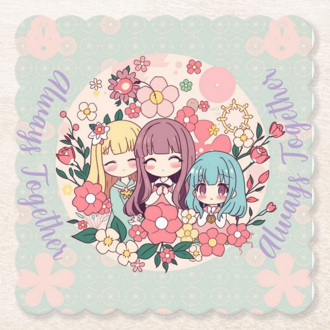 Dessous-de-verre En Papier Kawaii Trio - Mignonnes Filles Anime & Vibes Flora (Devant)
