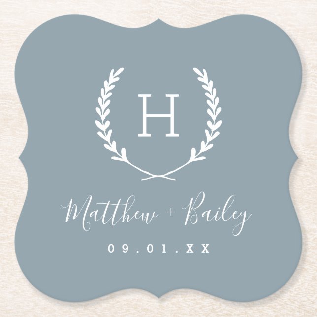 Dessous-de-verre En Papier Laurel Crest Mariage Monogramme | Dusty Blue (Devant)