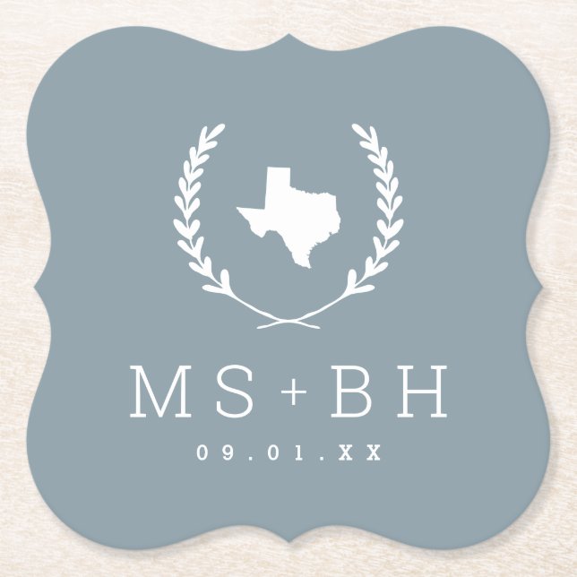 Dessous-de-verre En Papier Laurel Crest Texas Mariage Monogramme | Dusty Blue (Devant)