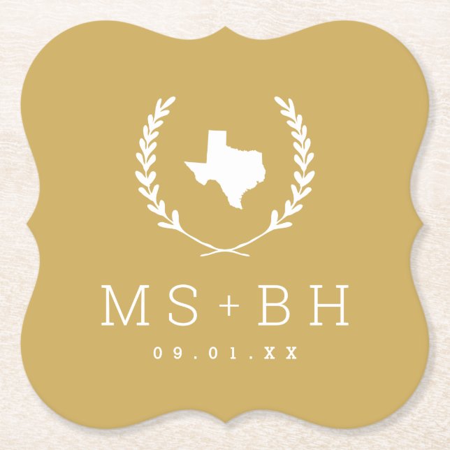 Dessous-de-verre En Papier Laurel Crest Texas Mariage Monogramme | Mustard (Devant)