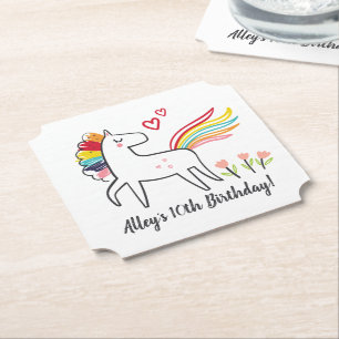 Dessous-de-verre En Papier Licorne Arc-en-ciel Anniversaire Nom personnalisé