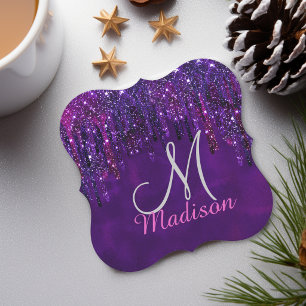 Dessous-de-verre En Papier Licorne rose violet mignonne avec monogramme et go