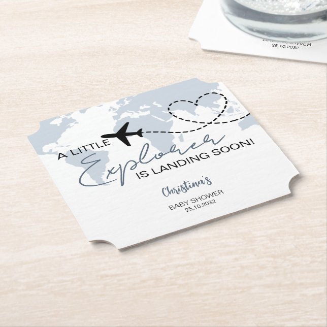 Dessous-de-verre En Papier Little Explorer Adventure Baby shower bleu (Incliné)