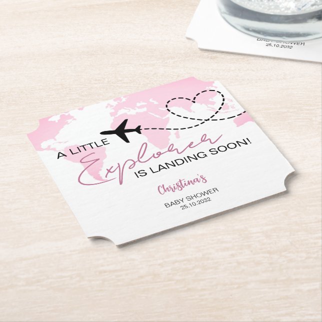 Dessous-de-verre En Papier Little Explorer World Map Baby shower rose (Incliné)