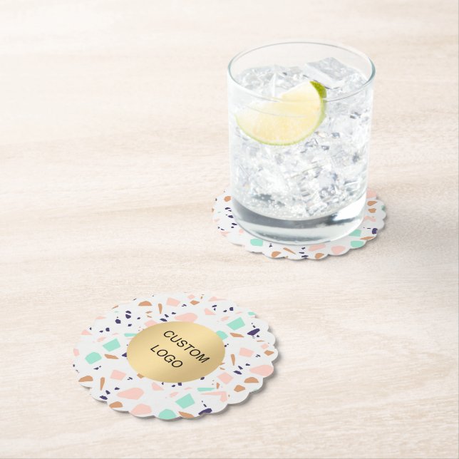 Dessous-de-verre En Papier Logo de l'entreprise de menthe blanche Terrazzo (En situation)