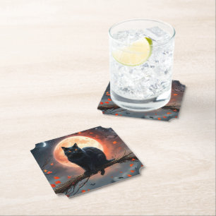 Dessous-de-verre En Papier Lune de chat noir d'Halloween effrayant,