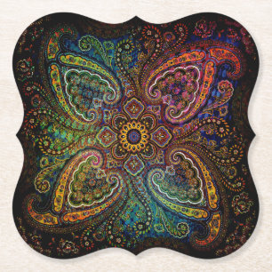 Dessous-de-verre En Papier Magique Paisley Multicolore sur Fond Noir