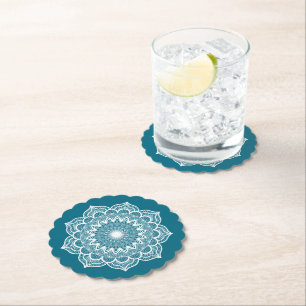 Dessous-de-verre En Papier Mandala blanc sur fond bleu