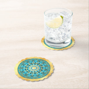 Dessous-de-verre En Papier Mandala bleu or sur fond or doux