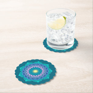 Dessous-de-verre En Papier Mandala Coloré sur Fond Bleu
