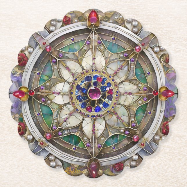 Dessous-de-verre En Papier Mandala de rubis, d'améthyste, de saphir et de per (Devant)