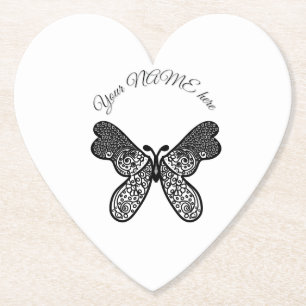 Dessous-de-verre En Papier Mandala papillon boho complexe noir et blanc A