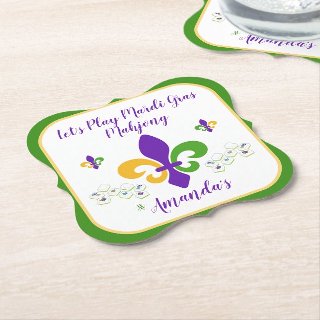 Dessous-de-verre En Papier Mardi Gras Mahjong NAME Green Gold Purple Fleur de (Incliné)