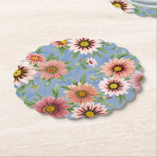Dessous-de-verre En Papier Marguerites roses sur motif floral bleu