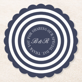 Dessous-de-verre En Papier Mariage à bandes bleu marine monogramme personnali