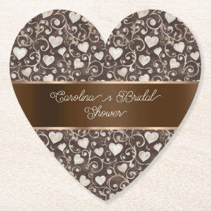 Dessous-de-verre En Papier Mariage Brown Cream Hearts Ruban Douche
