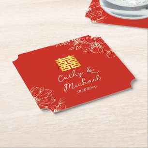 Dessous-de-verre En Papier Mariage chinois élégant moderne floral script roug