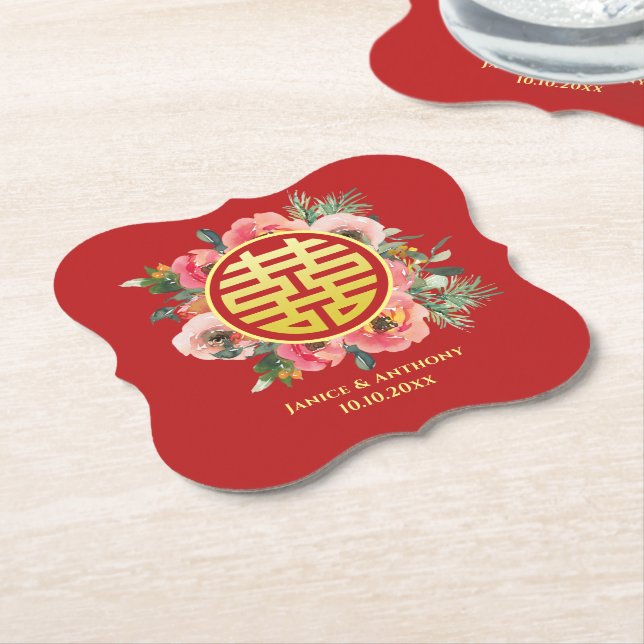 Dessous-de-verre En Papier Mariage chinois moderne rose fleuri (Incliné)