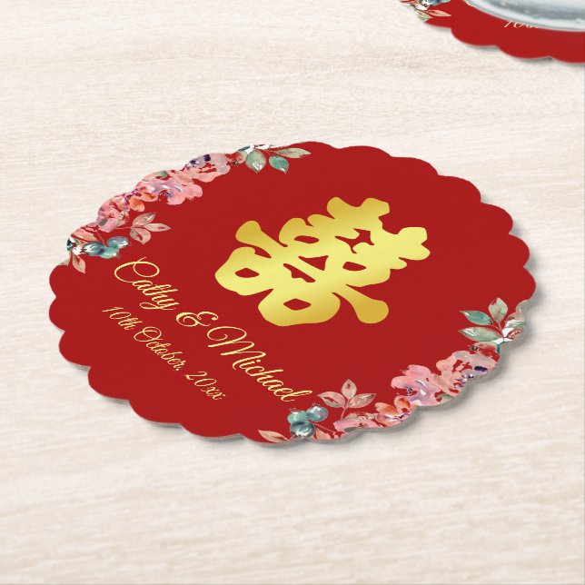 Dessous-de-verre En Papier Mariage chinois rouge double bonheur floral (Incliné)