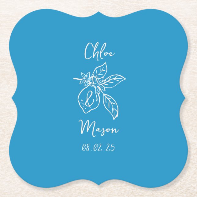 Dessous-de-verre En Papier Mariage citron à main bleue (Devant)
