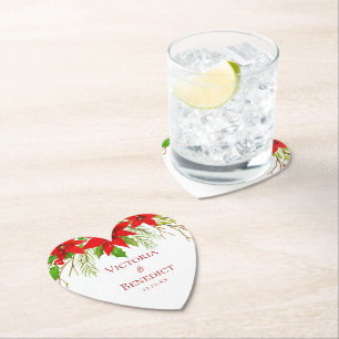Dessous-de-verre En Papier Mariage de vacances personnalisé coeur Poinsettia 