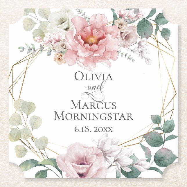 Dessous-de-verre En Papier Mariage Élégant Bébé rose Peony Flowers (Devant)