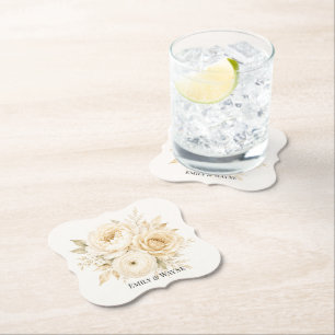 Dessous-de-verre En Papier Mariage Fleur Blanc d'Ivoire et Champagne Perle