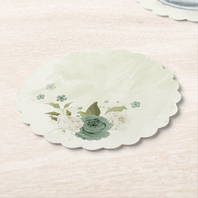 Dessous-de-verre En Papier mariage fleurs blanches vert sauge (Incliné)