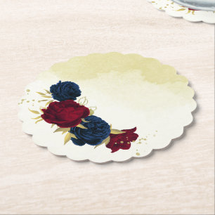 Dessous-de-verre En Papier mariage fleurs rouges or feuilles navire