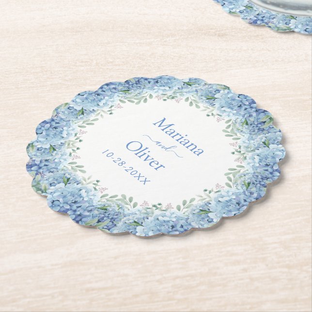 Dessous-de-verre En Papier Mariage Floral Aquarelle Hydrangeas Bleus (Incliné)