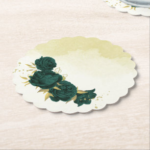 Dessous-de-verre En Papier Mariage floral or vert émeraude