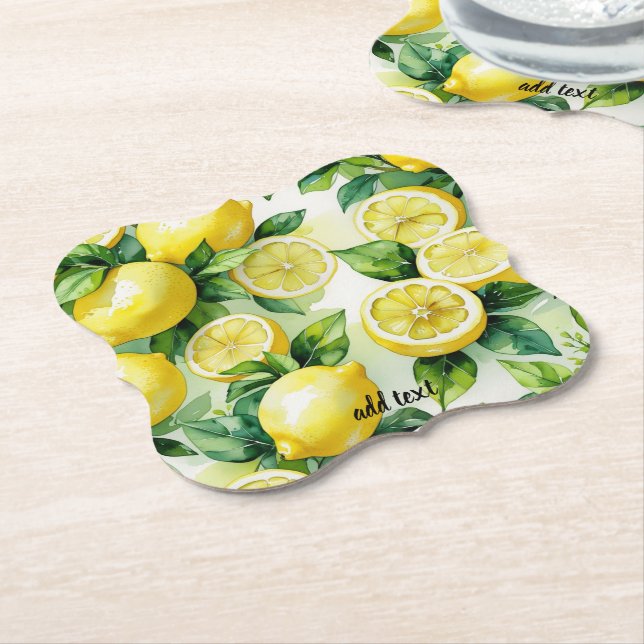 Dessous-de-verre En Papier Mariage moderne avec citron bleu floral script (Incliné)