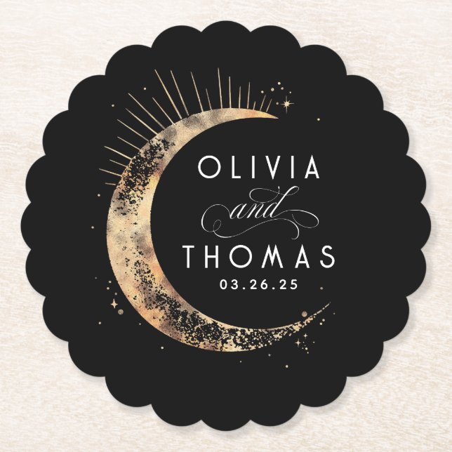Dessous-de-verre En Papier Mariage mystique céleste noir et or (Devant)