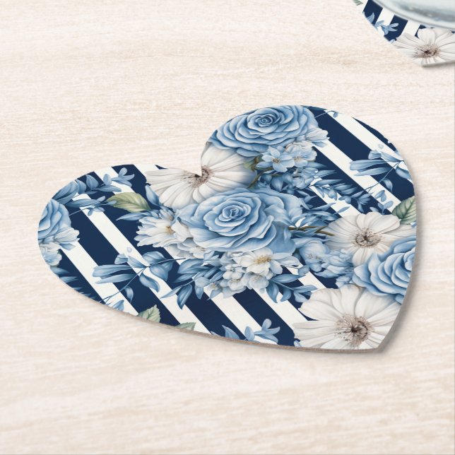Dessous-de-verre En Papier Mariage Navy Blue Fleurs Rayures Baby Shower (Incliné)