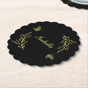 Dessous-de-verre En Papier Mariage noir floral or élégant romantique