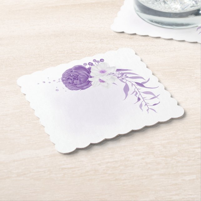 Dessous-de-verre En Papier mariage romantique blanc & violet (Incliné)