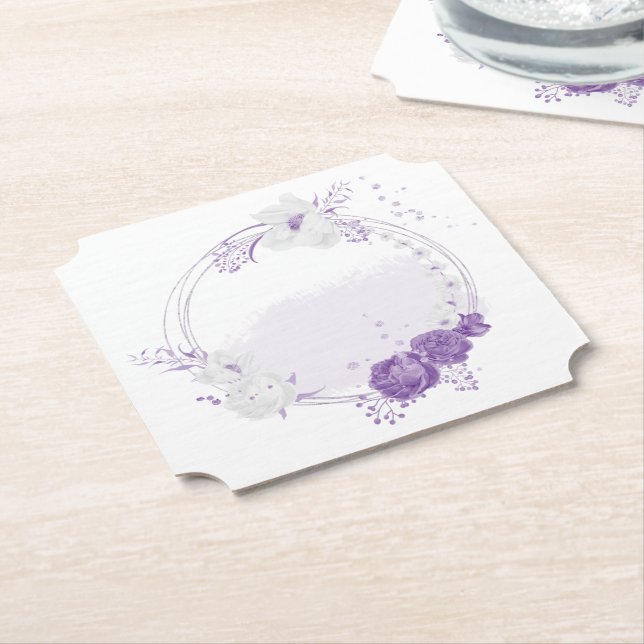 Dessous-de-verre En Papier mariage romantique blanc & violet (Incliné)