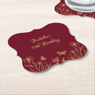 Dessous-de-verre En Papier Mariage romantique élégant or fleur burgundy